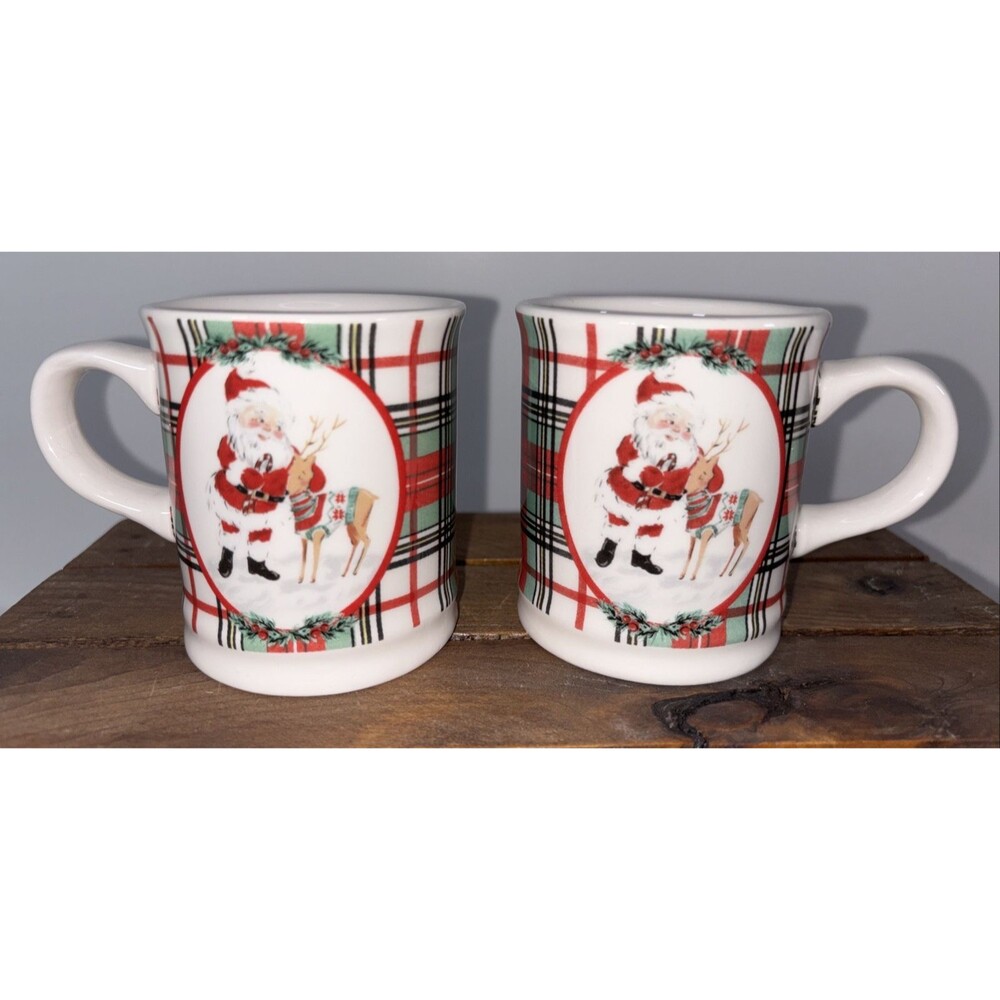 Sur La Table Santa Reindeer Green & Red Plaid Christmas 5 oz Mini Mugs Set of 2